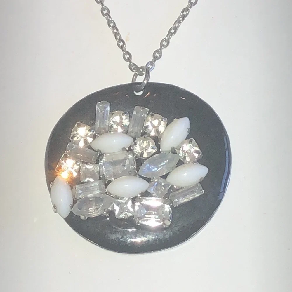 Silver Tone Black Enamel CZ Rhinestone Boho Pendant Necklace